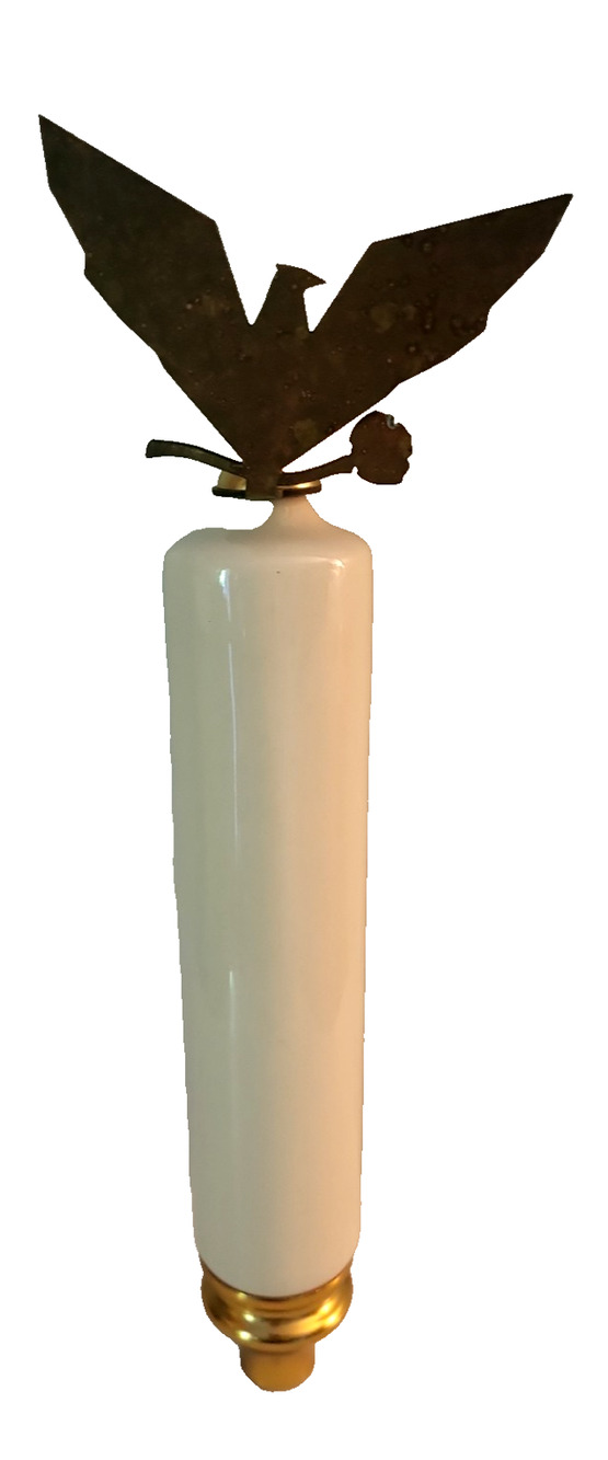 PLAIN UNBRANDED PEARL WHITE BEER TAP HANDLE GOLD TRIM EAGLE METAL TOP 3D 12"